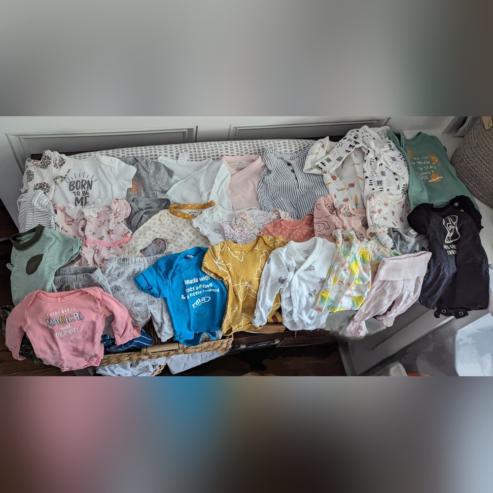 50+ pieces Assorted tops and bottoms. newborn and 0-3 months